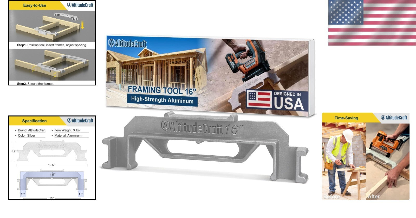 16-Inch Precision Framing Stud Layout Tool - Efficient Construction Jig