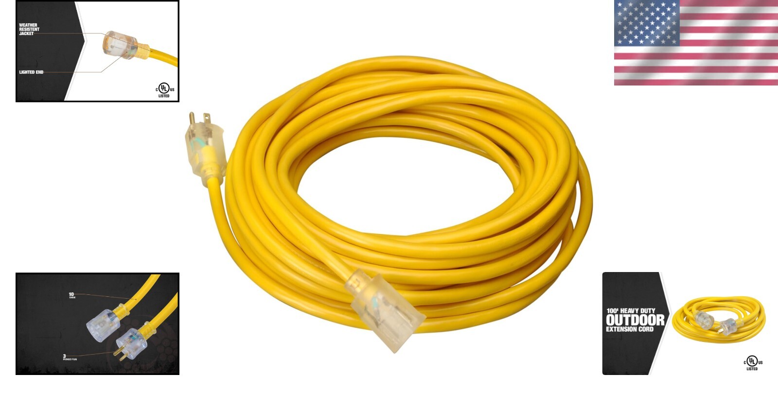 100Ft Outdoor Yellow Extension Cord, 10 Gauge with Strain Relief - High Capacity