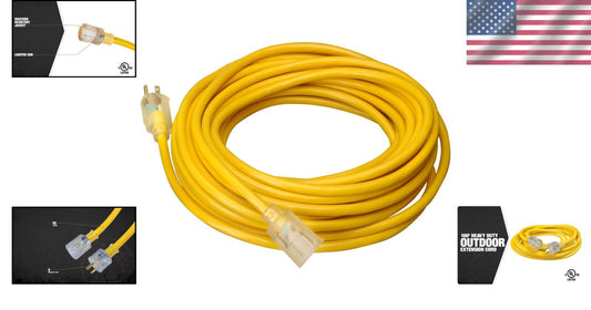 100Ft Outdoor Yellow Extension Cord, 10 Gauge with Strain Relief - High Capacity