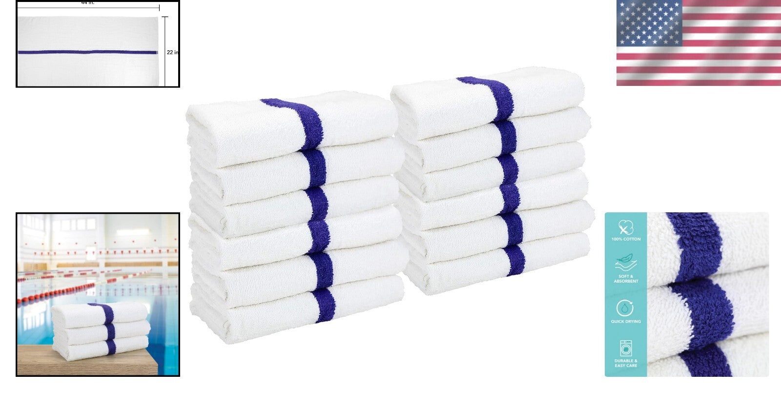 Economy 12-Pack Blue Striped Bath Towels - Luxury Hotel Quality for All Ages