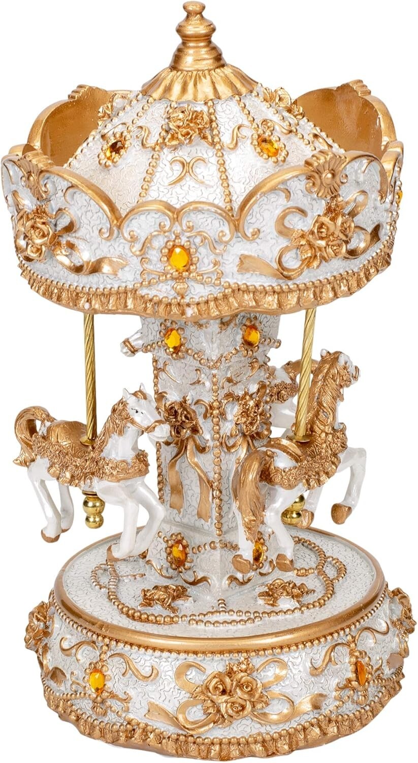 Collectible 10 Inch Gold Tone Carousel with Spinner & Waltz Tune – Artisan Made