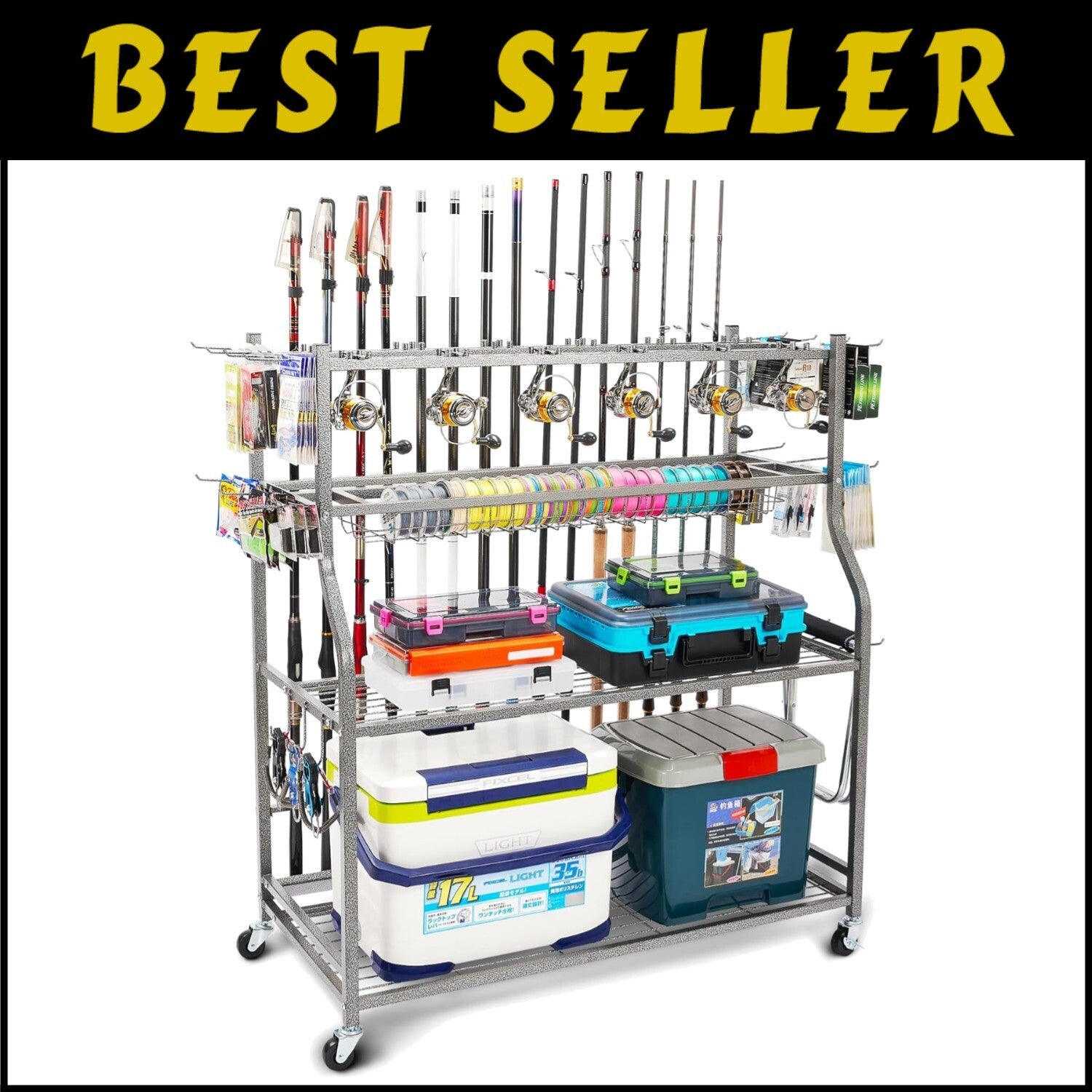 Multi-Functional Fishing Gear Organizer Rack with Smooth Rolling Caster Design