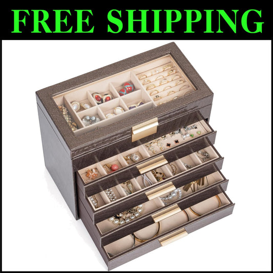 Stunning Clear Glass Lid Jewelry Box - 5-Tier Multi-Drawer Organizer for Women