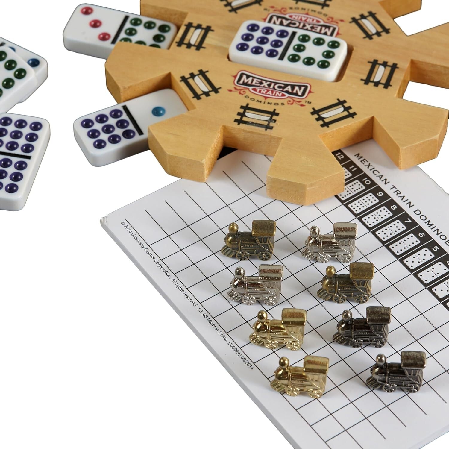 Deluxe Double-12 Mexican Train Dominoes Set with Cast Metal Trains & Score Pad