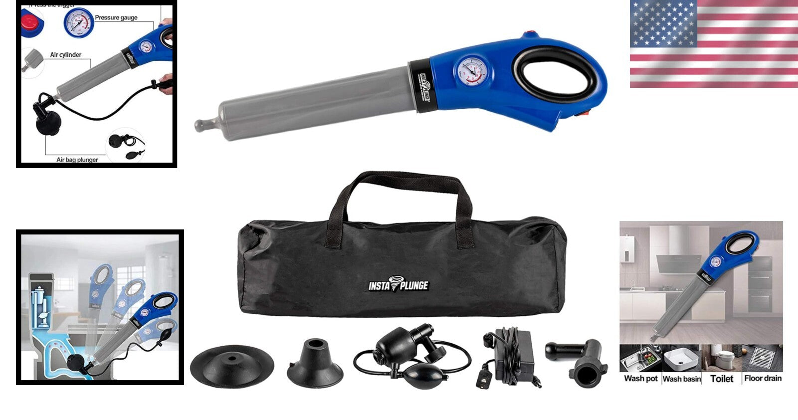 Electric Drain & Toilet Unclogger - Multi-Head InstaPlunge System for Home Use