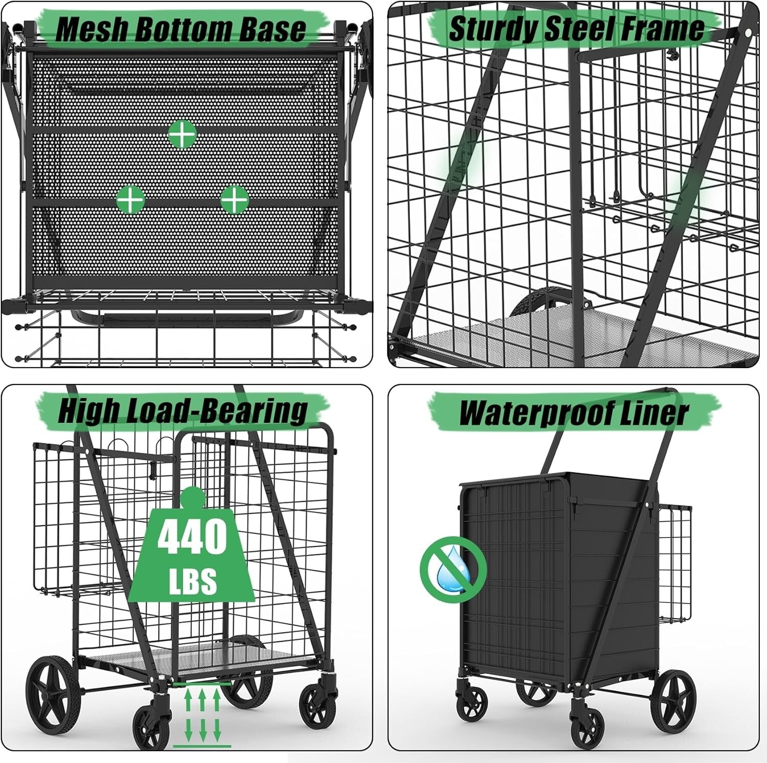 Heavy-Duty Folding Shopping Cart - 360° Swivel Wheels, Holds 440 LBS