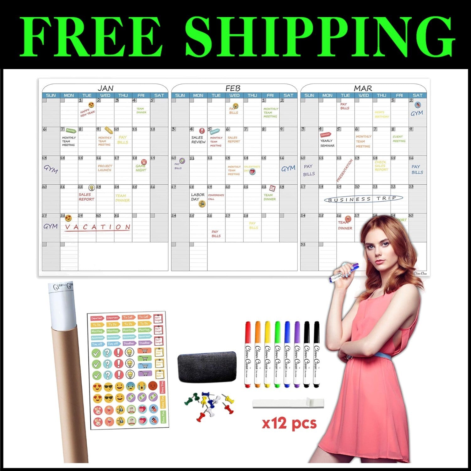 Extra Large 36"x72" Dry Erase Wall Calendar - 3-Month Organizer for Home/Office
