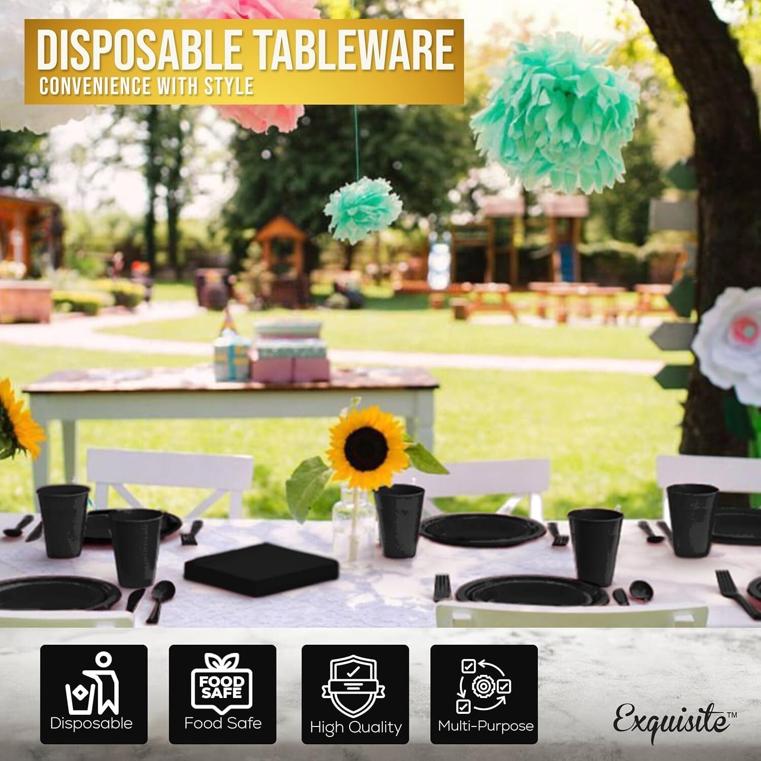 350 Pcs Black Plastic Party Plates & Utensils - Durable, BPA-Free, Easy Cleanup