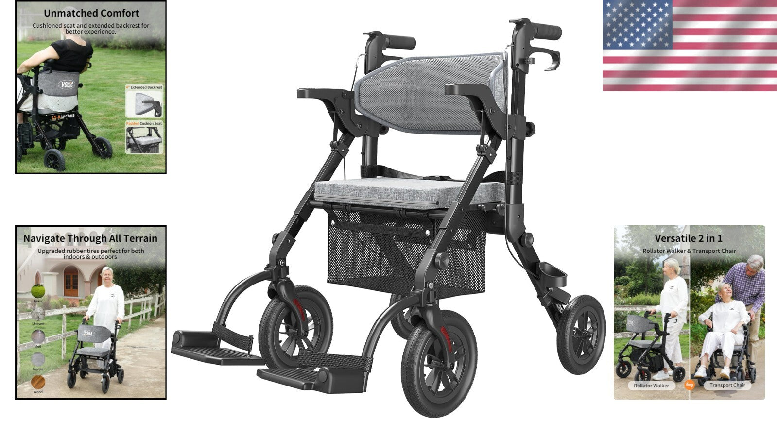 Folding 2-in-1 Walker Wheelchair for Seniors - Portable, Durable & All Terrain
