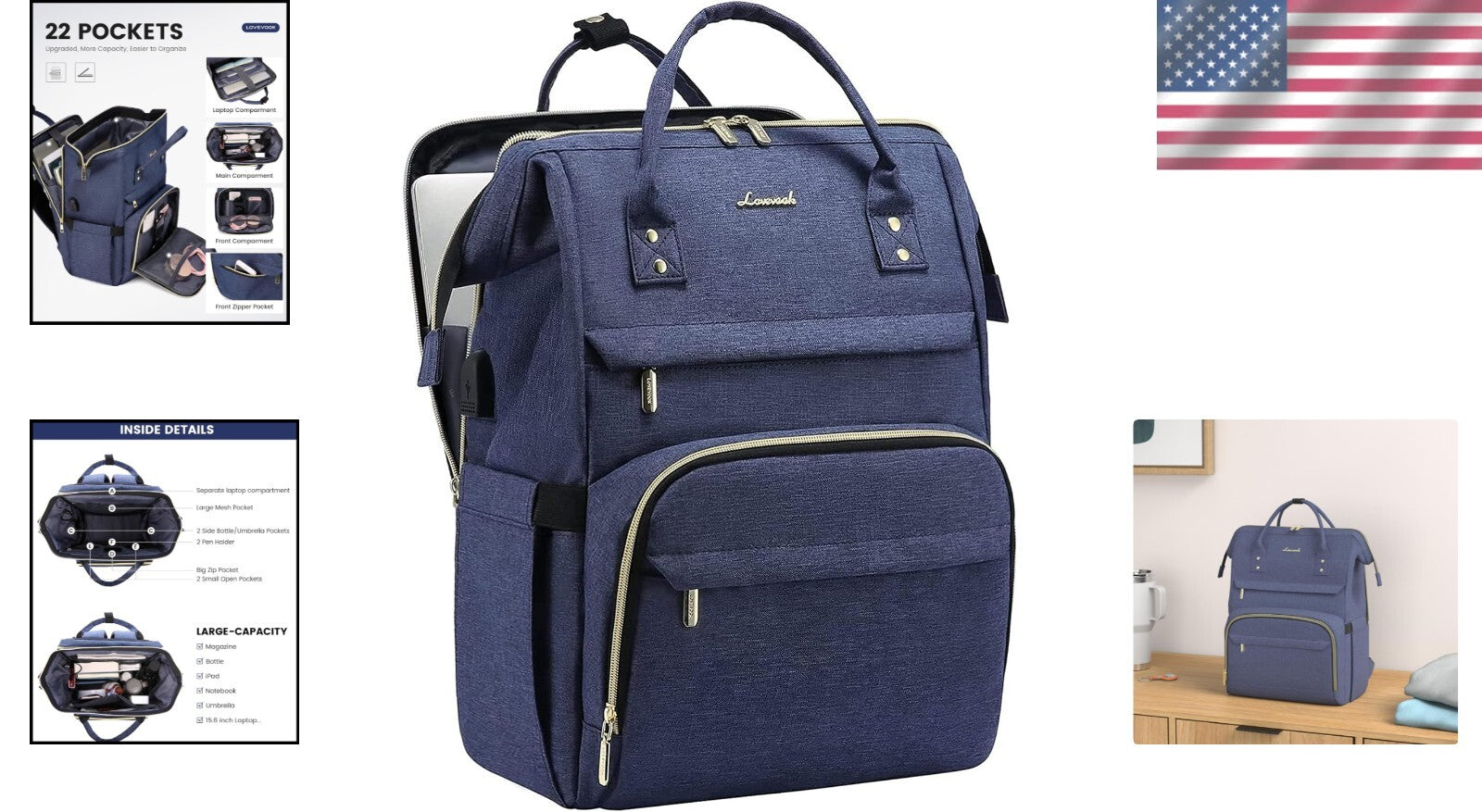 Chic Navy Backpack for Women with Doctor Bag Opening – Perfect for Work & Travel