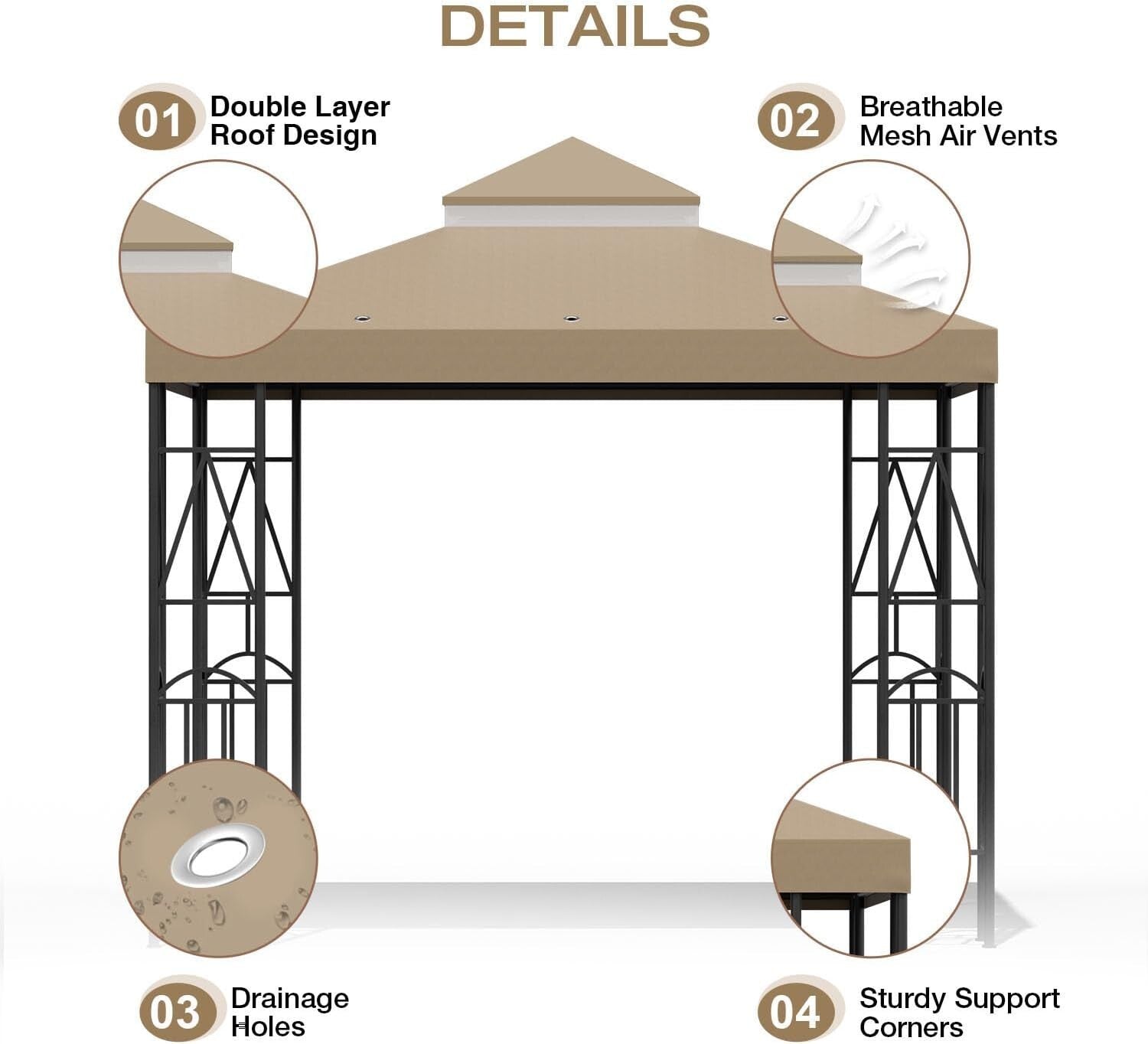 Efficient 10x10 Canopy Replacement with Drainage Holes - Khaki UV Protection