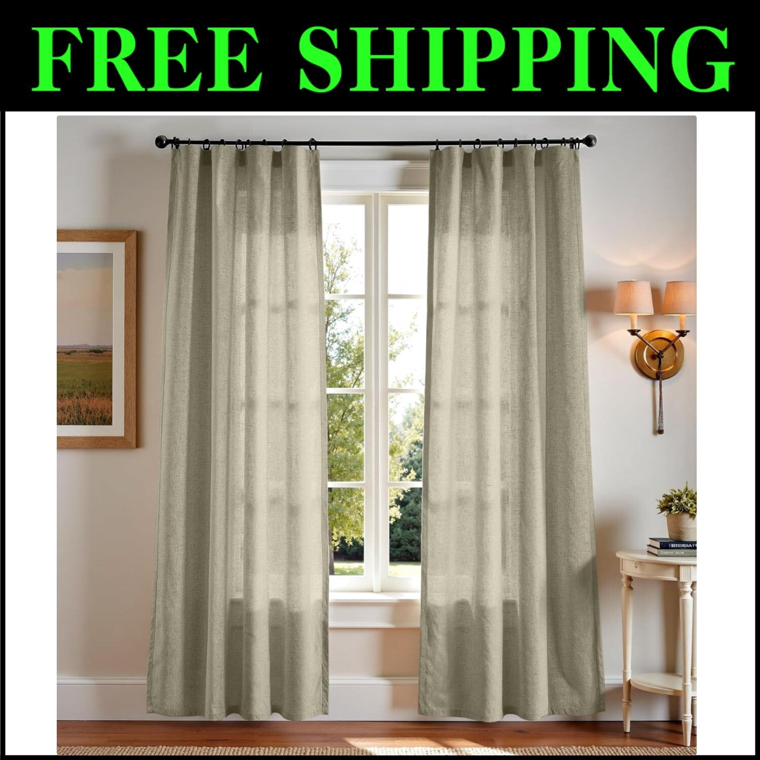 Elegant Light Green Linen Blend Curtains - 84" Long for Rustic Living Spaces