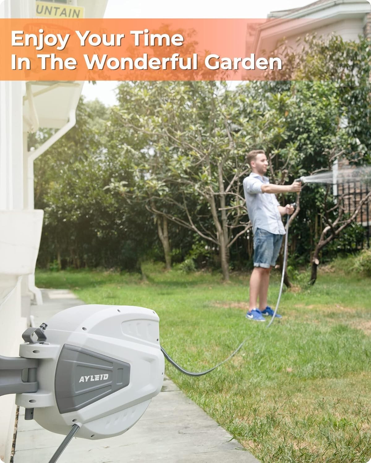 Retractable Wall-Mounted Hose Reel: 100ft with 9-Function Spray Nozzle