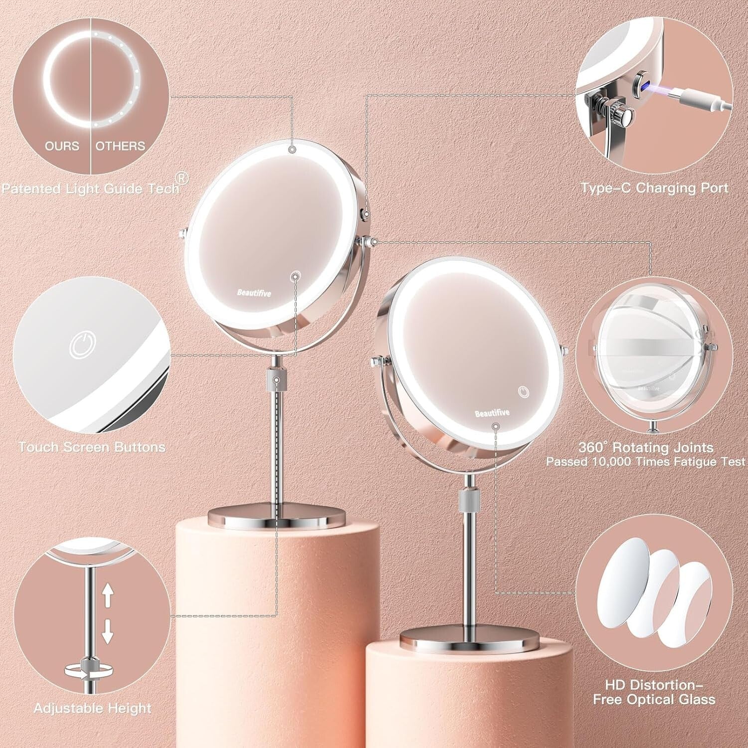 Rechargeable 8” Makeup Mirror with 15X Magnification & Stepless Dimming Light