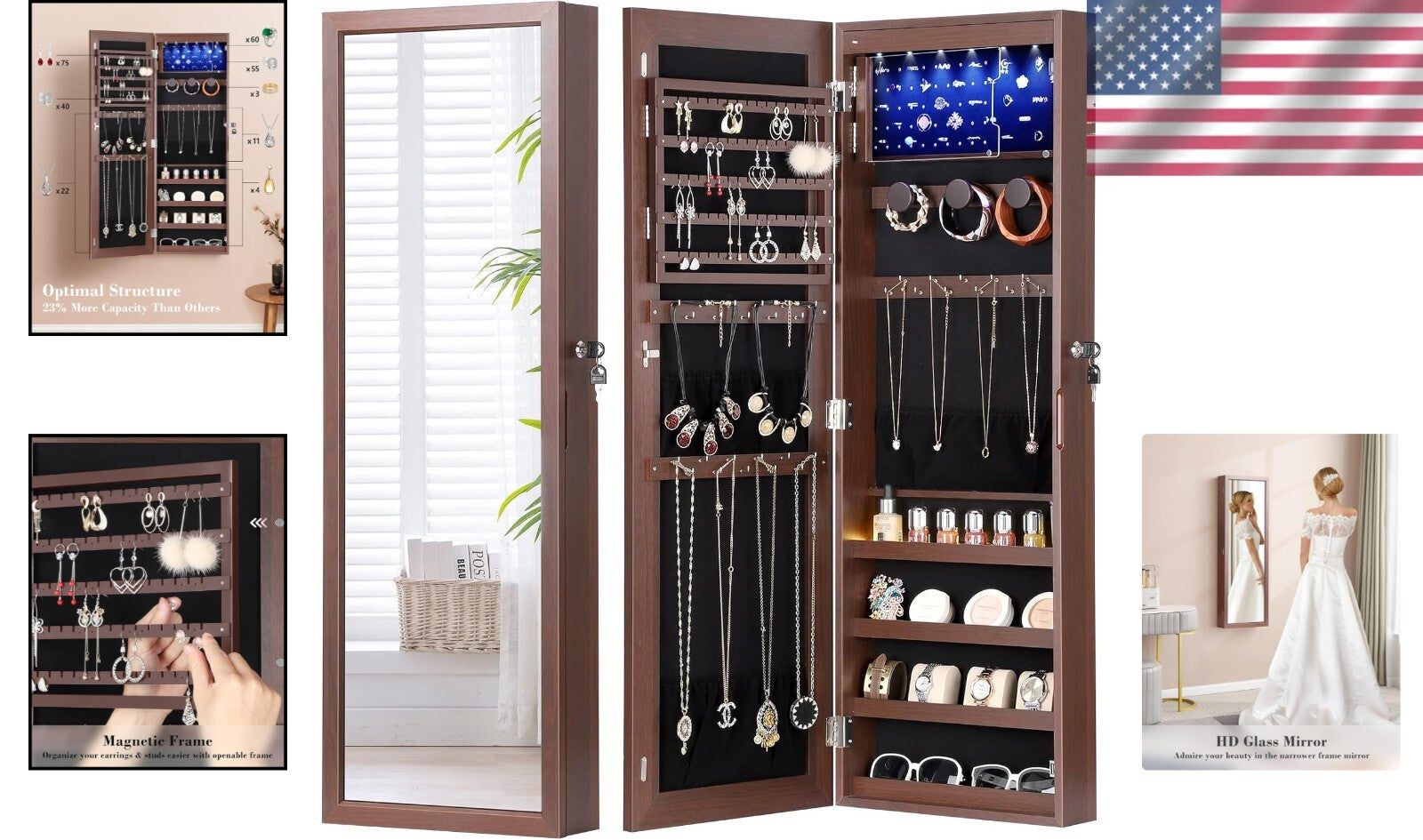 Stylish Brown LED Jewelry Organizer with Velvet Pockets - Perfect Christmas Gift