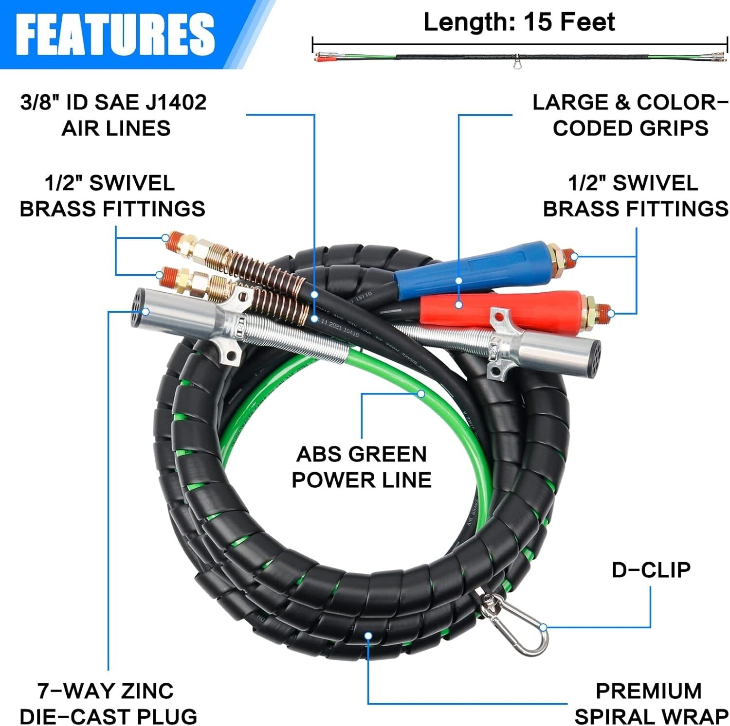 15ft 3-in-1 Air Line Hose with Glad Hands for Tractor Trailers - 125PSI