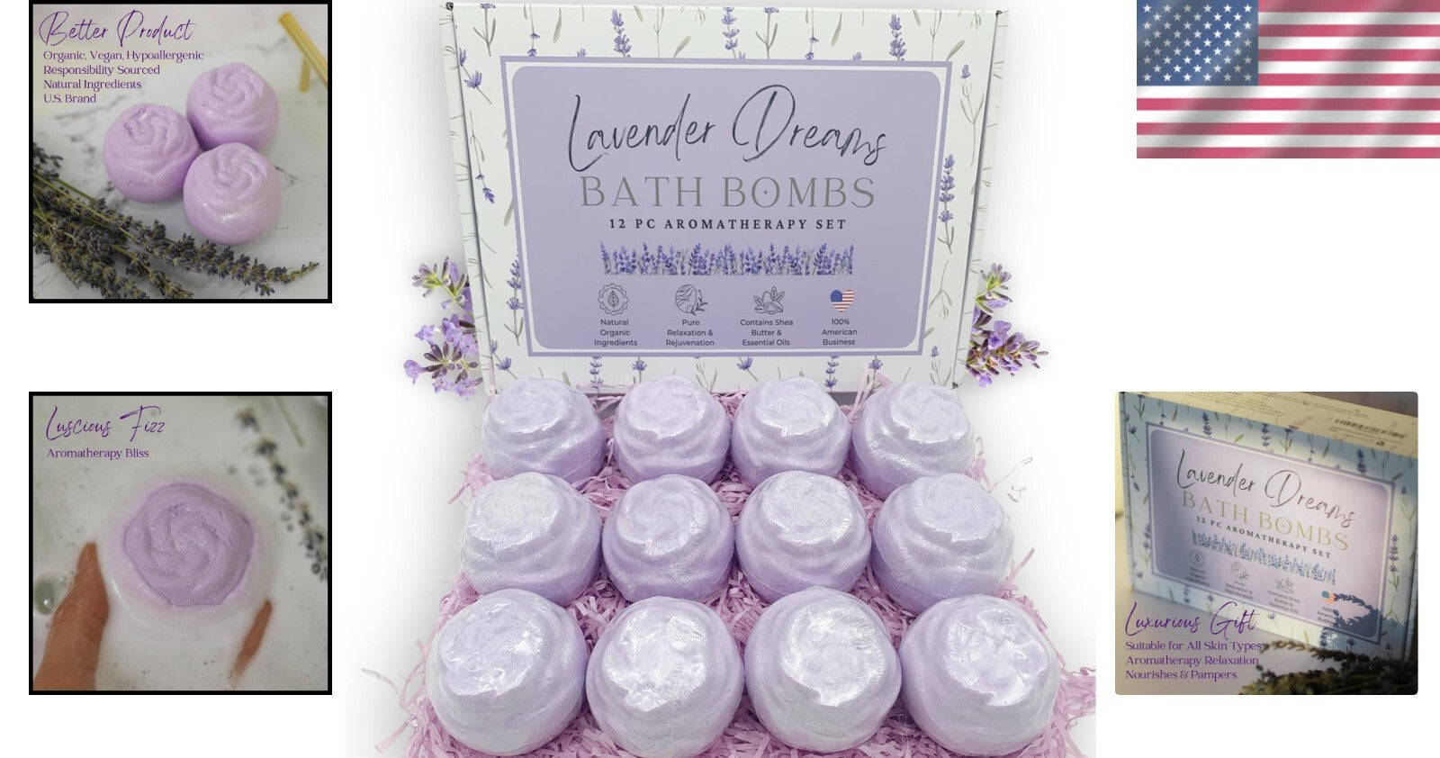 Aromatherapy Lavender Bath Bombs - 12 Large Organic Bath Balls for Relaxation
