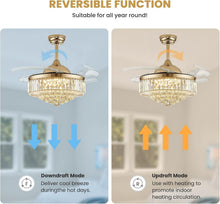 Load image into Gallery viewer, Modern Gold Crystal Ceiling Fan with Dimmable LED Lights, 42" Retractable Design