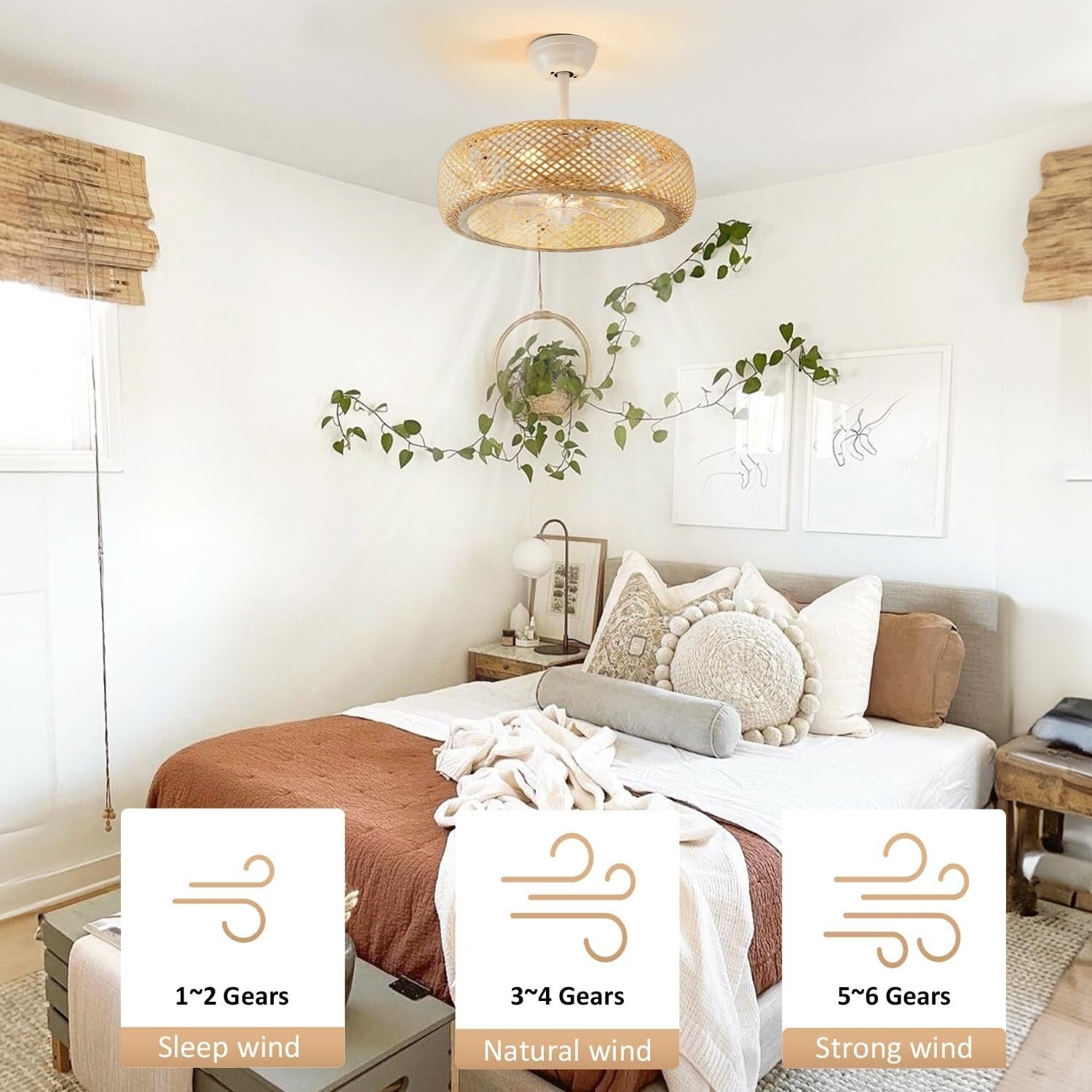 Stylish 20" Boho Rattan Caged Ceiling Fan with Remote Control - Flush Mount