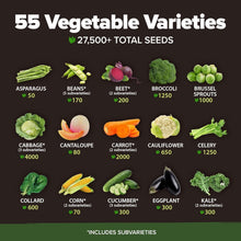 Load image into Gallery viewer, 55 Heirloom Vegetable Seeds Pack – Non-GMO Survival Garden Kit for All Seasons