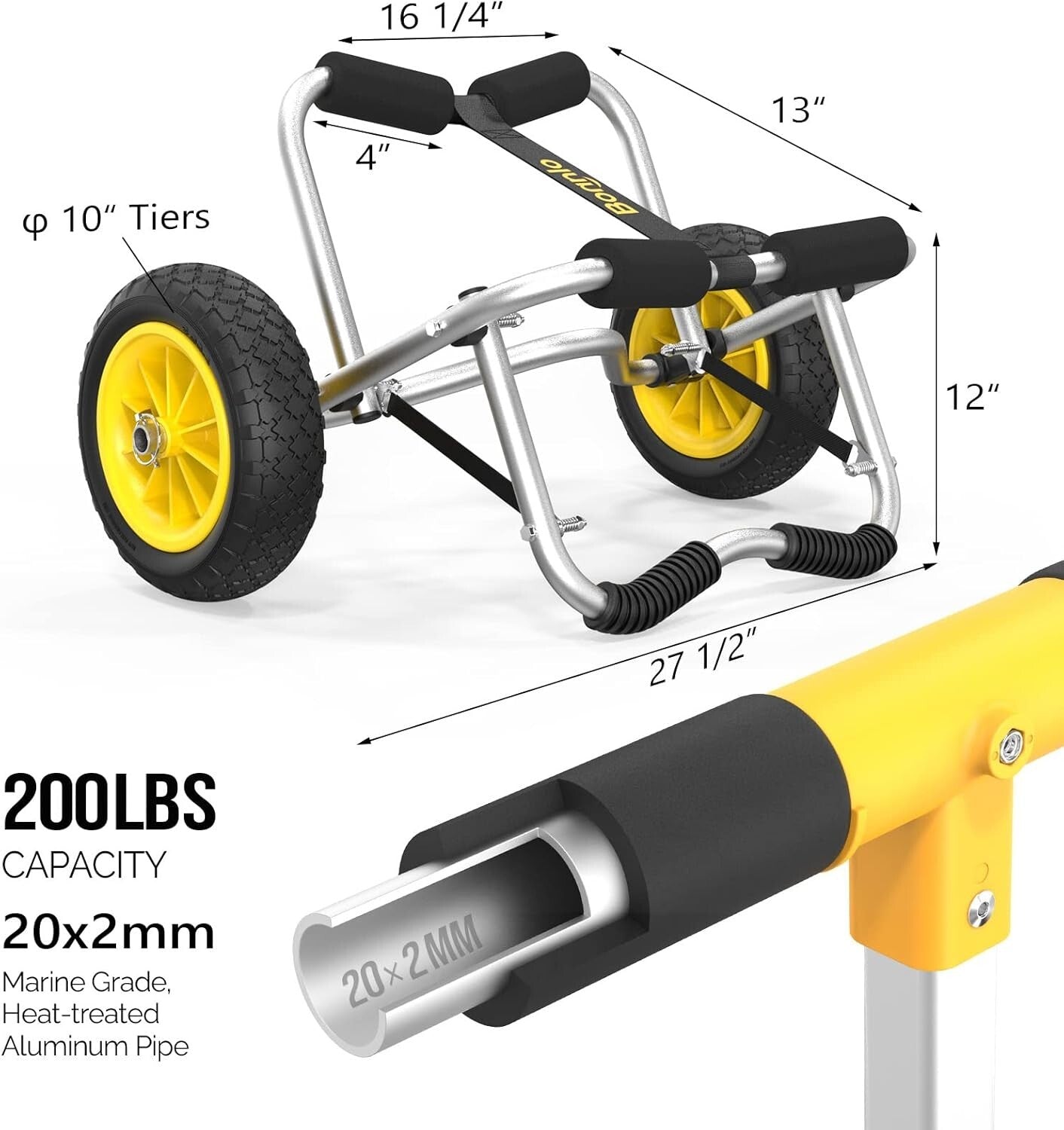 Durable Kayak Carrier Dolly - Foldable with Double Kickstand & Airless Wheels