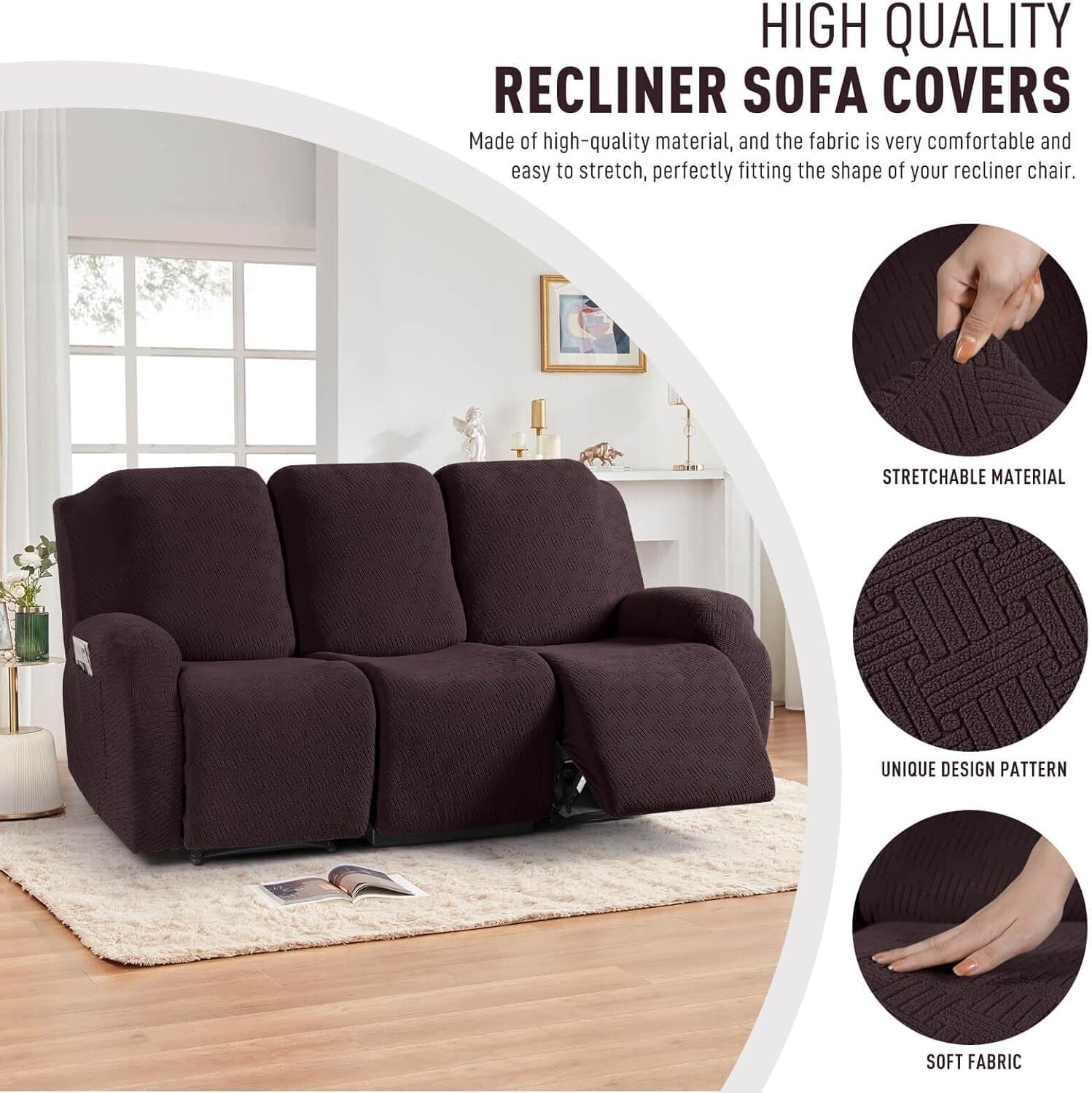 Elegant Stretch Recliner Sofa Covers with Jacquard Pattern - Dark Coffee