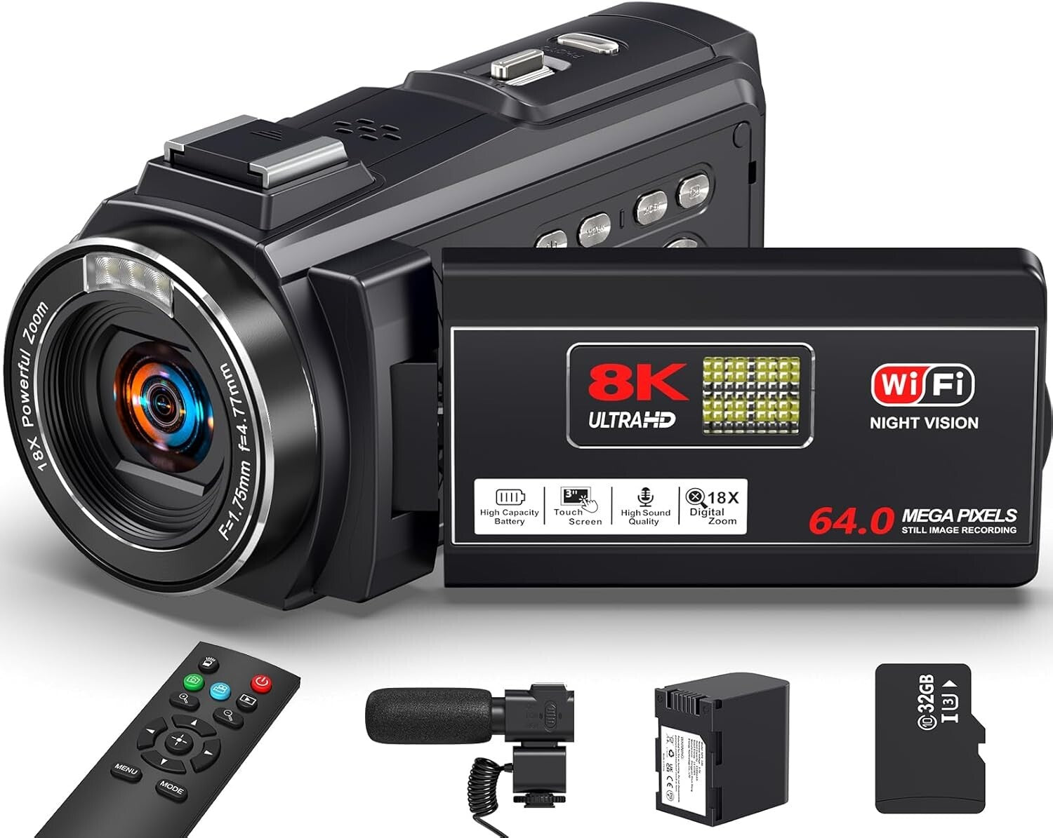 8K 64MP Vlogging Camera with 18X Zoom, IR Night Vision & WiFi Connectivity