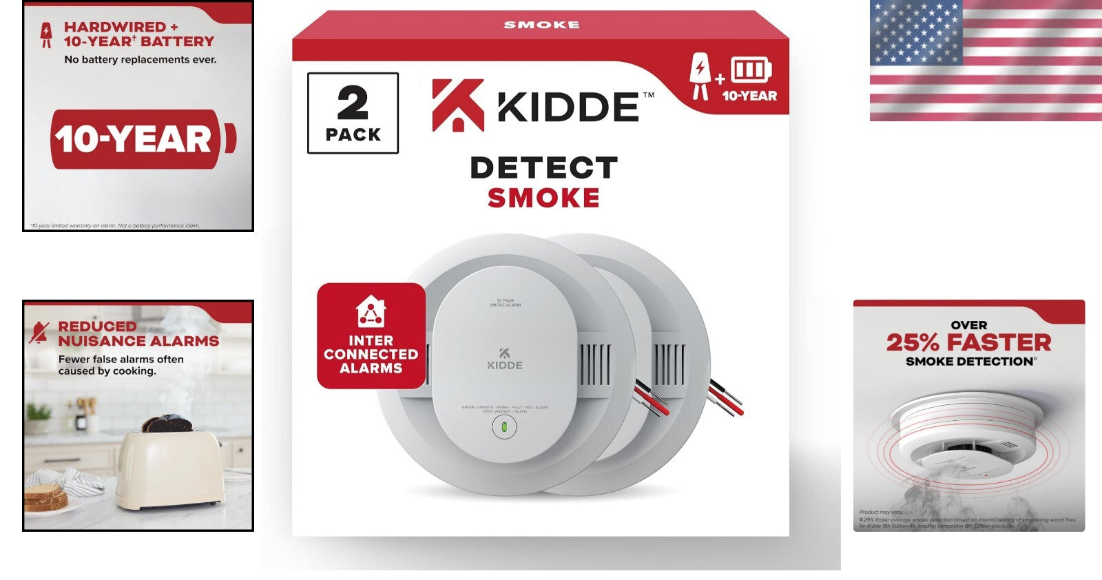 Photoelectric Hardwired Smoke Alarms, 10-Year Backup, Interconnected - 2 Pack