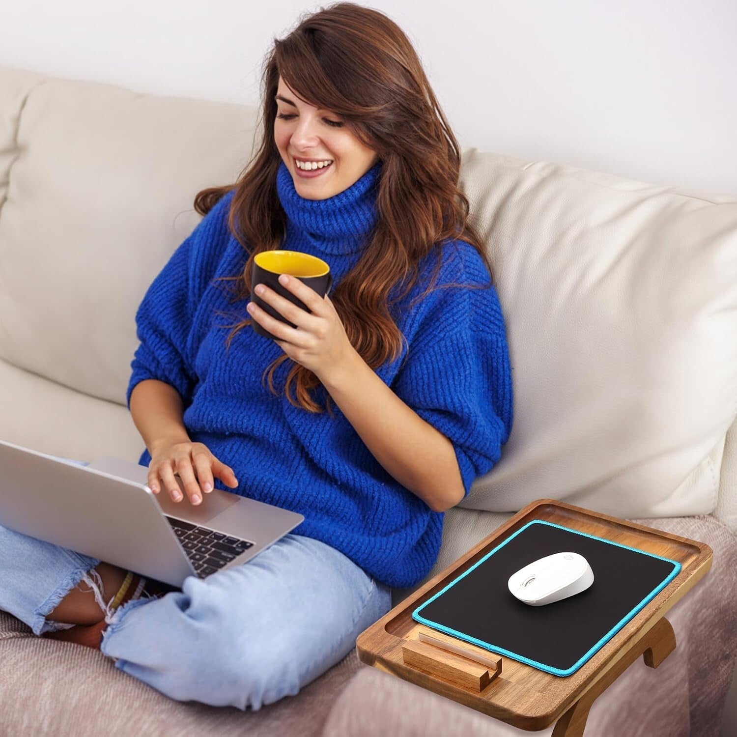 Adjustable Armrest Table with 360° Phone Holder - Modern Acacia Wood Design