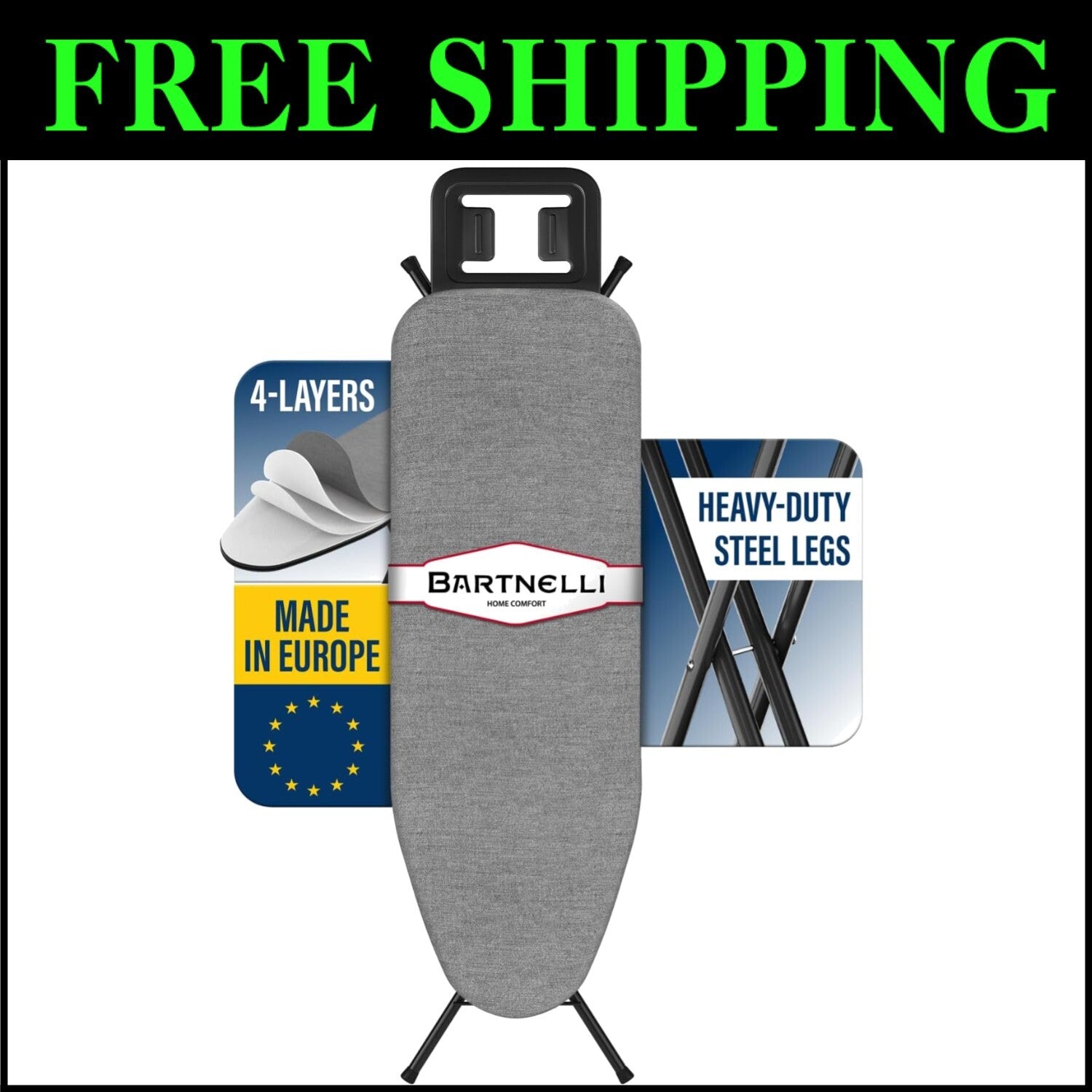 Lightweight Ironing Board with 4-Layer Pad & Adjustable Height - 48l x 14w