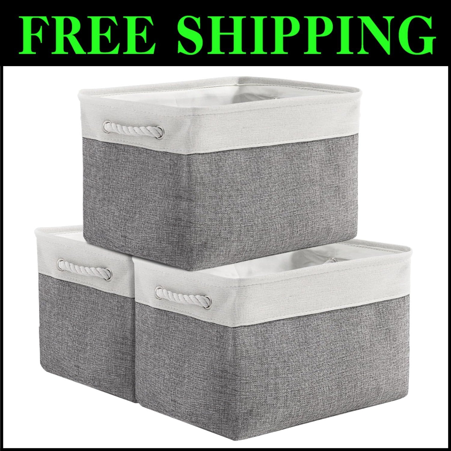 3 Pack Fabric Storage Bins in White & Grey - 16x12x12 Inches for Organization