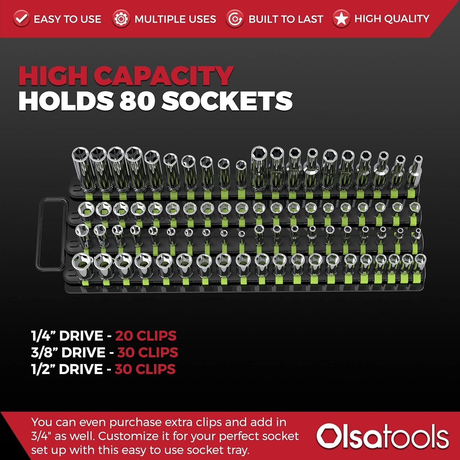 Space-Saving Socket Organizer Tray - 80 Socket Capacity with Spring-Loaded Clips