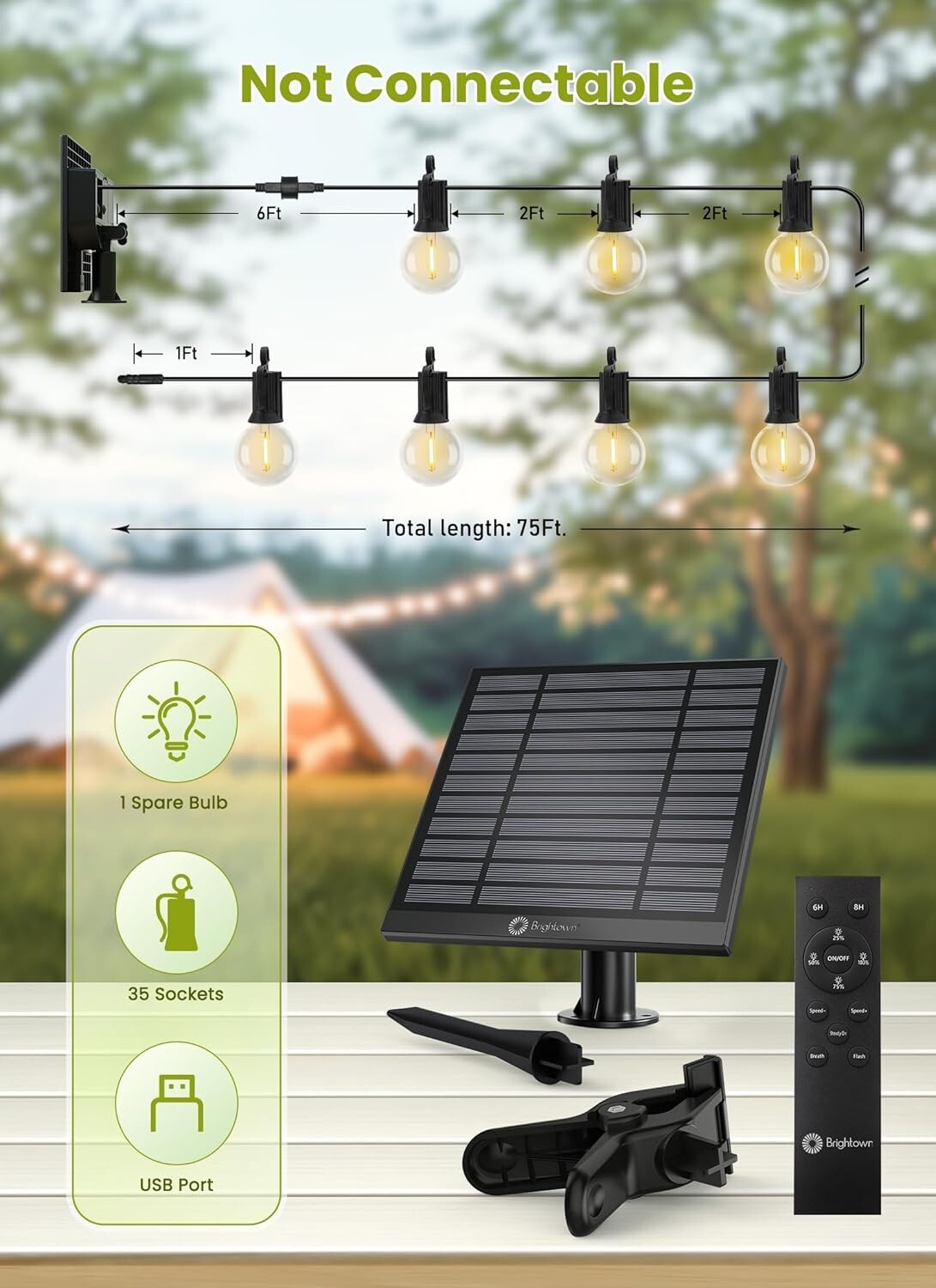 75FT Waterproof Solar String Lights with 35 Dimmable LED Bulbs & Remote Control