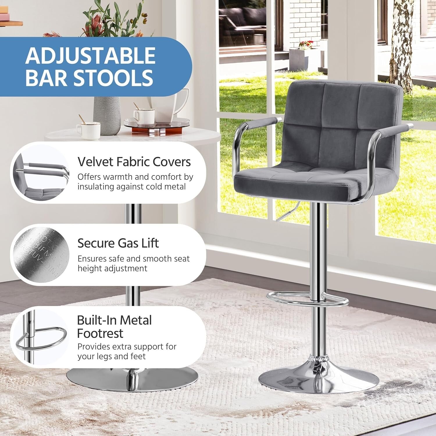 Set of 2 Elegant Velvet Swivel Bar Stools with Adjustable Height - Modern Design