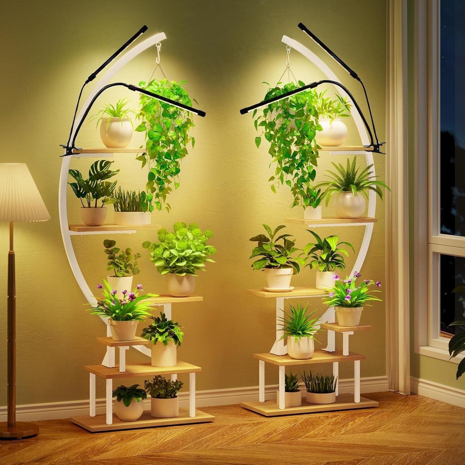 7-Tier Indoor Plant Stand with Adjustable Grow Lights - Elegant Half-Moon Design