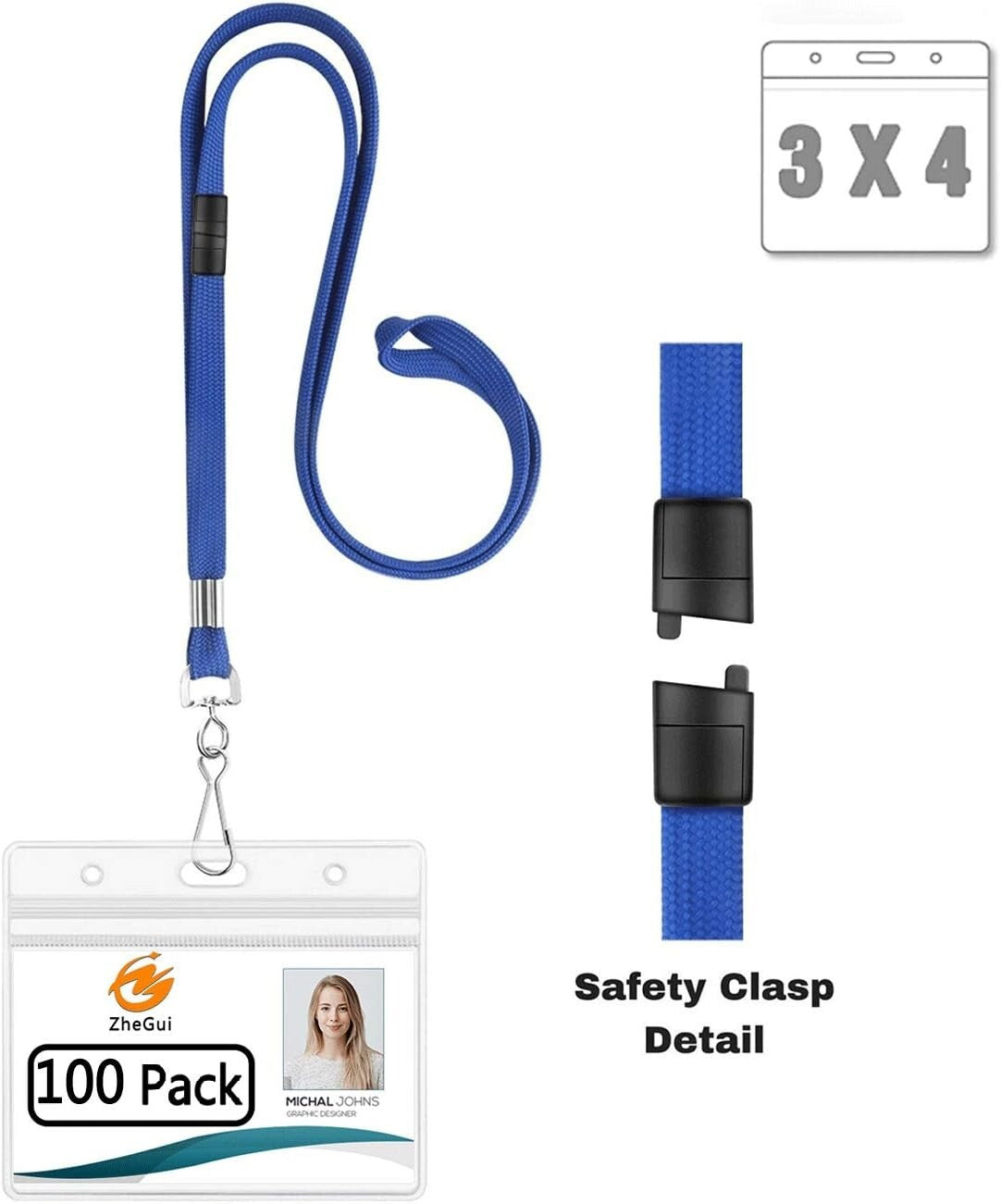 Bulk 100 Breakaway Safety Lanyards with Clear 3x4 ID Badge Holders for Events