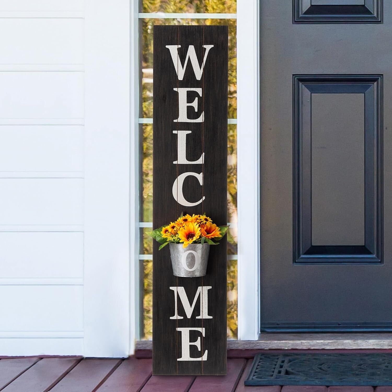 42-Inch Rustic Farmhouse Vertical Welcome Sign with Planter for Front Porch