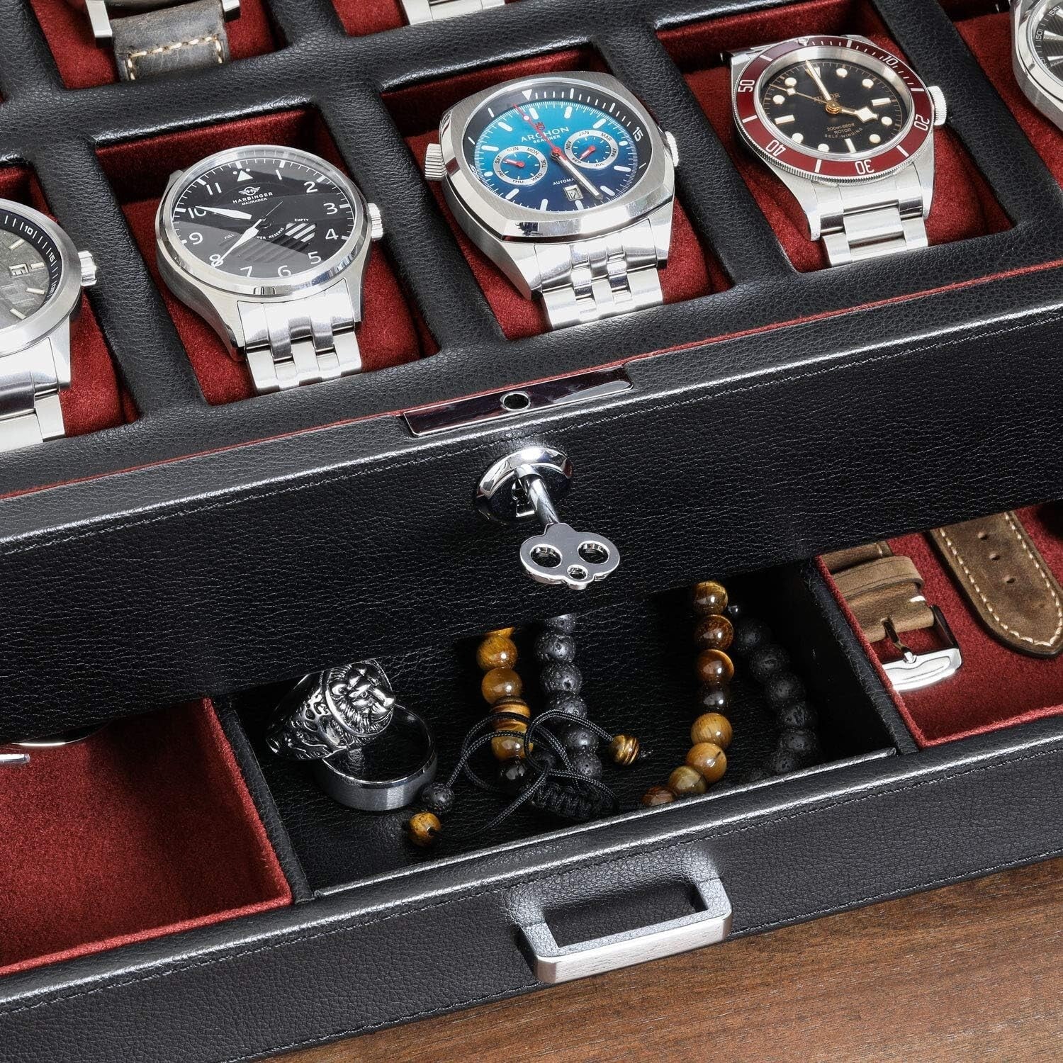 Stylish Black/Red Watch Storage Box with Key Lock & 12 Slots for Men & Women