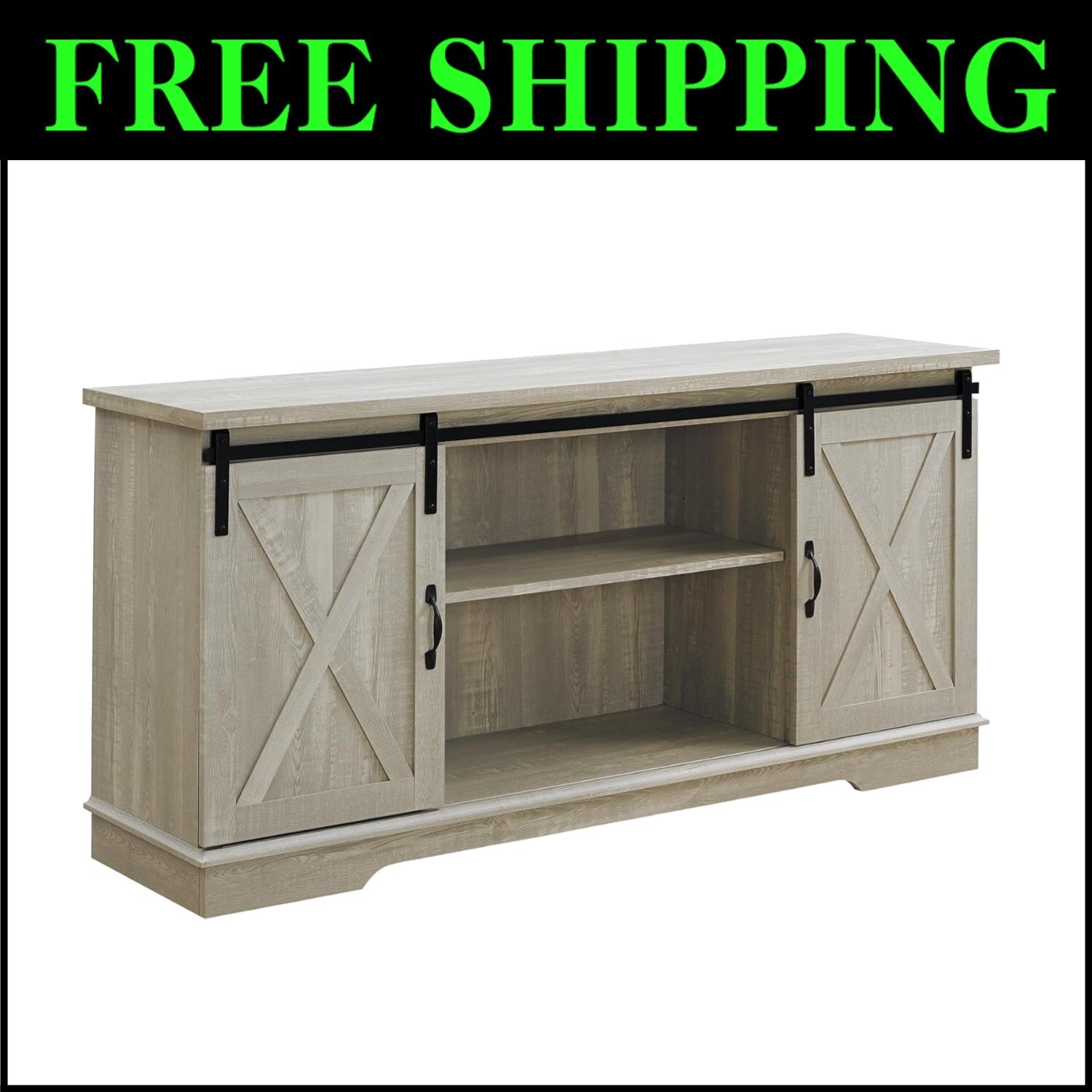 Charming 58-Inch Stone Grey TV Stand with Sliding Doors and 3 Adjustable Shelves