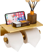 Load image into Gallery viewer, Dual Roll Toilet Paper Holder &amp; Shelf in Brushed Gold - Easy Installation
