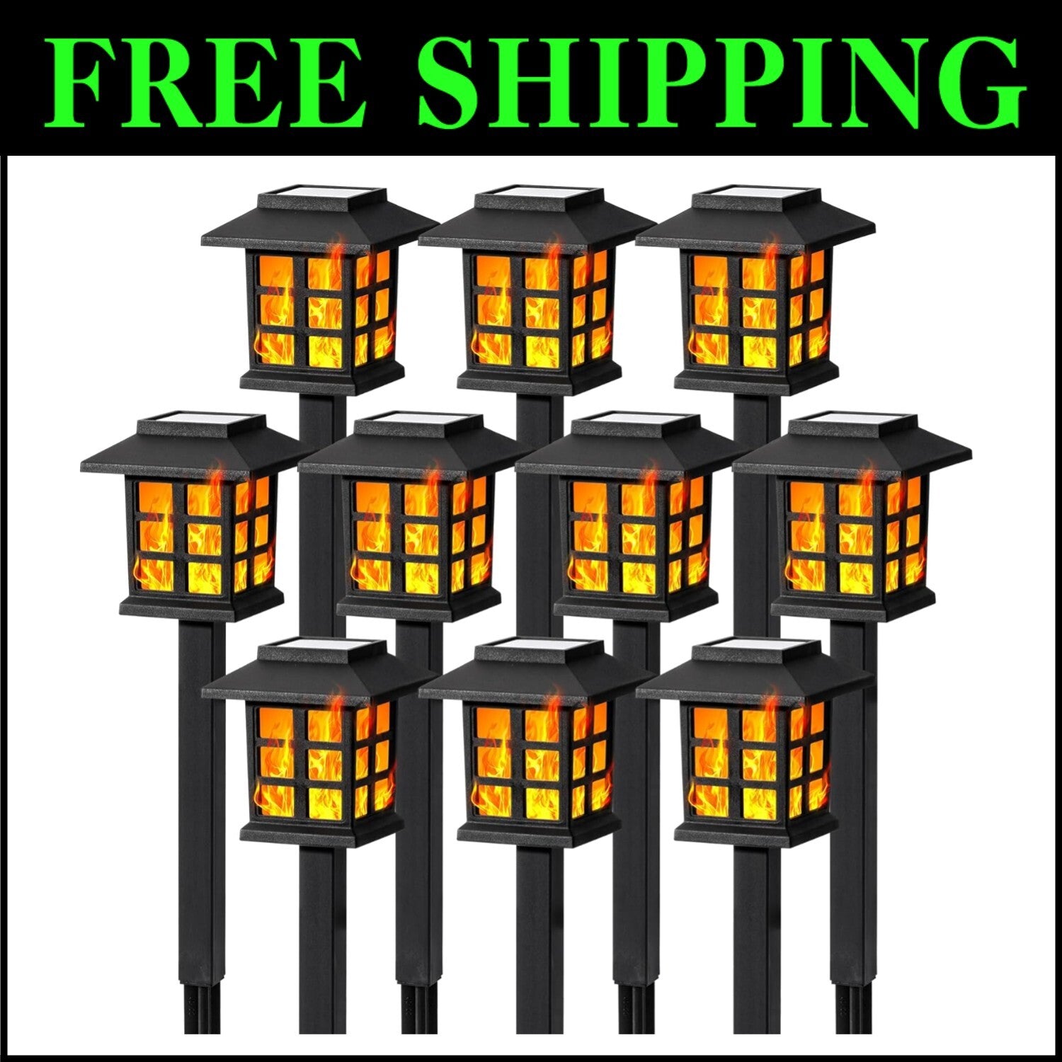 10-Pack Flickering Flame Solar LED Lights - Waterproof Outdoor Decor