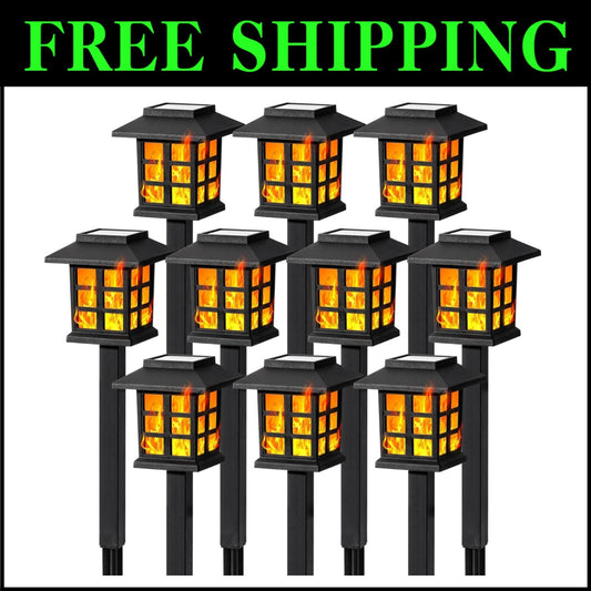 10-Pack Flickering Flame Solar LED Lights - Waterproof Outdoor Decor