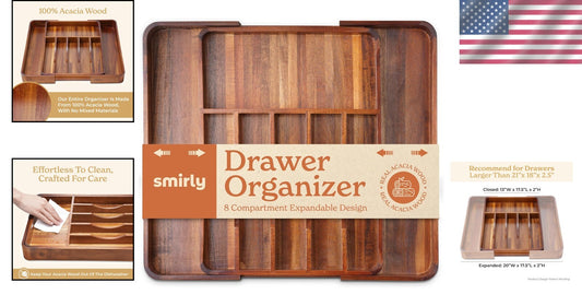Durable Acacia Drawer Divider – Expandable Storage for Silverware and Utensils