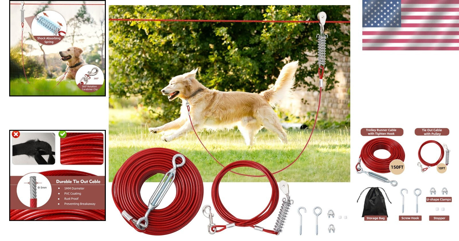 Durable Outdoor Dog Runner with Shock Absorbing Spring & Tangle-Free Clip