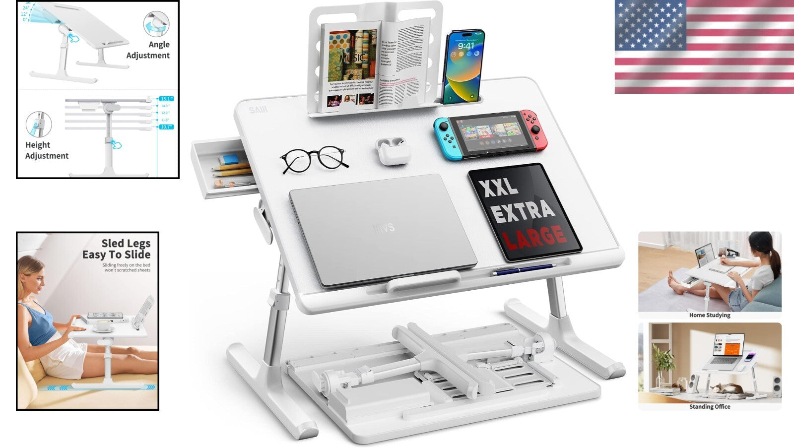 Versatile White Laptop Bed Desk - Height Adjustable for Work & Relaxation