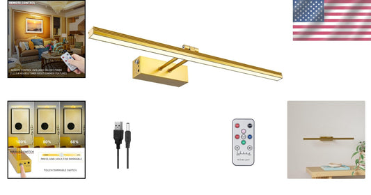 Battery-Powered 20” Gold Picture Light with Auto-Off Timer & Remote Control