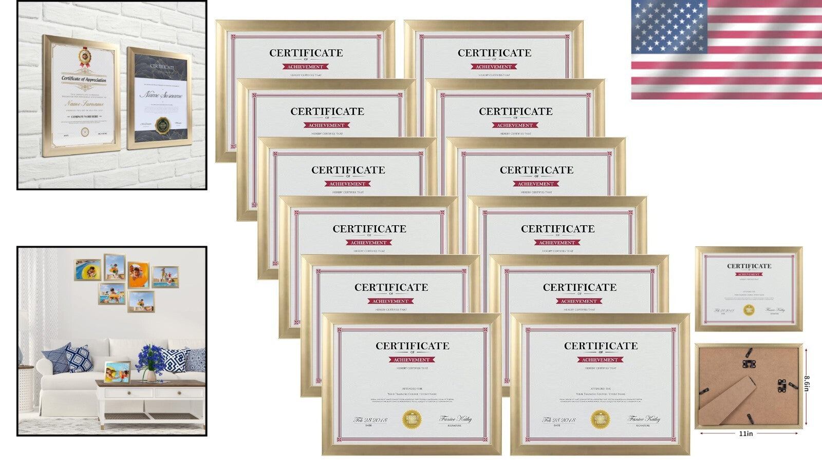 Elegant Gold 8.5x11 Picture Frame Set of 12 - Ideal for Awards & Certificates