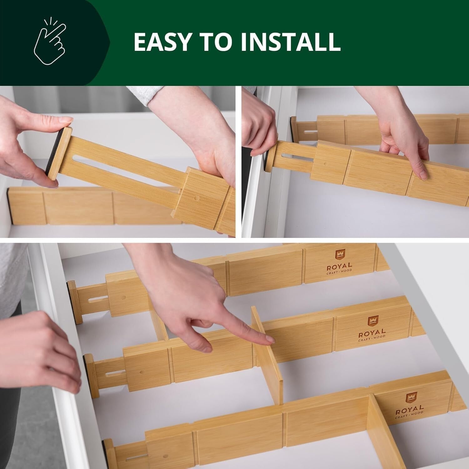 Expandable Drawer Organization Set in Bamboo - Adjustable Dividers for Max Space