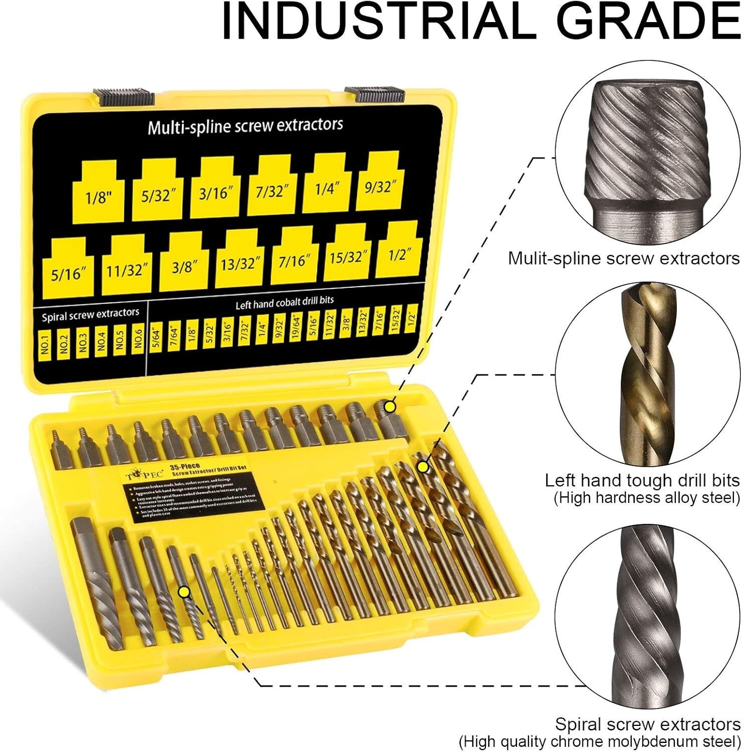 Durable 35-Piece Set - Easy Out Screw Extractors and Left Hand Drilling Solution