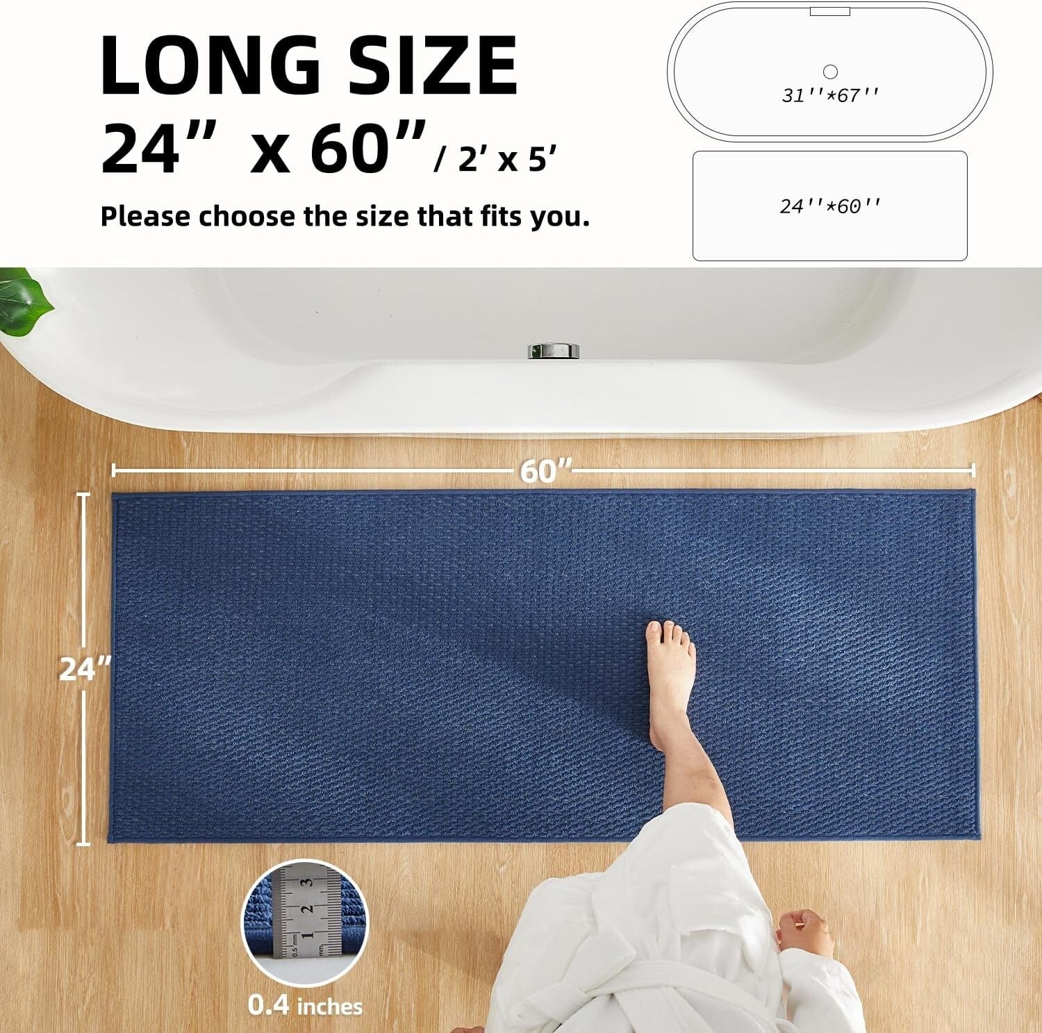 Elegant Quick Dry Navy Blue Bath Mat - Washable Non-Slip Runner Rug 24x60